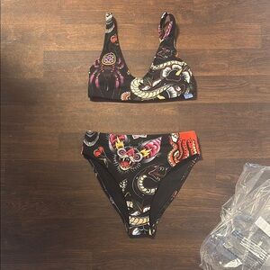 Black Tattoo-Print Two-Piece Bikini Set